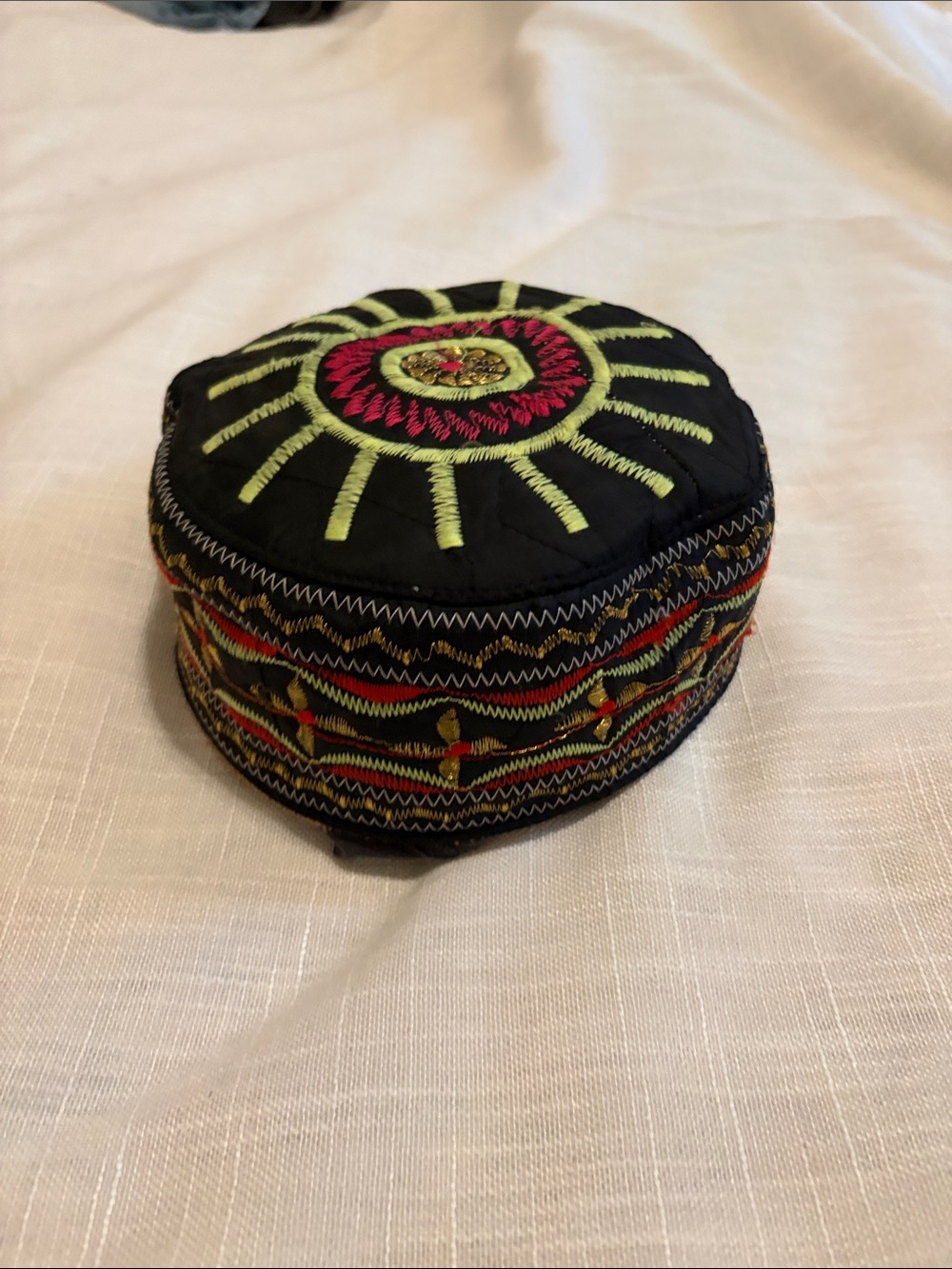 Embroidered Round Hat - Black with Green & Pink Accents